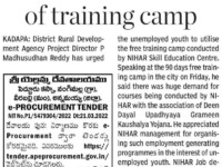 A press note published in daily newspaper on April 23, 2022 about offering of free training and placements at Nihar Skill Education, Kadapa.