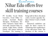 A press note published in Hans of India on January 12, 2024 regarding free training and placements program from APSSDC in different courses at Nihar Skill Education, Kadapa. Nihar Skill Education